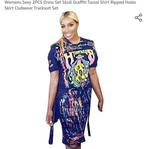 Womens Sexy 2PCS Dress Set Skull Graffiti Tassel S